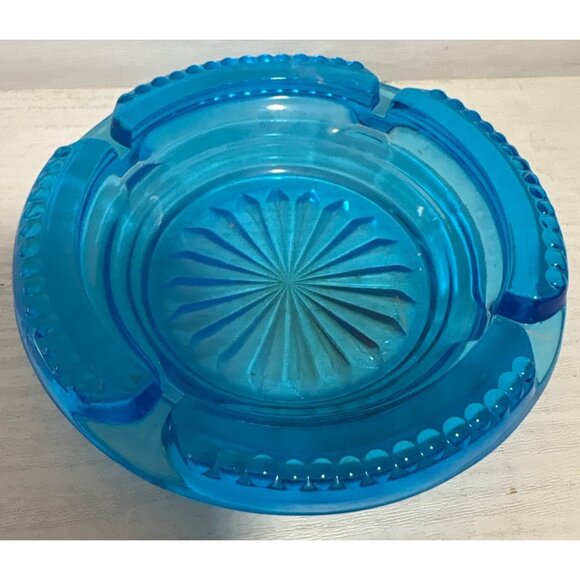 Vintage Blue Glass Ashtray Textured Sunburst Design 4.5" Mid-Century Modern - Picture 5 of 7